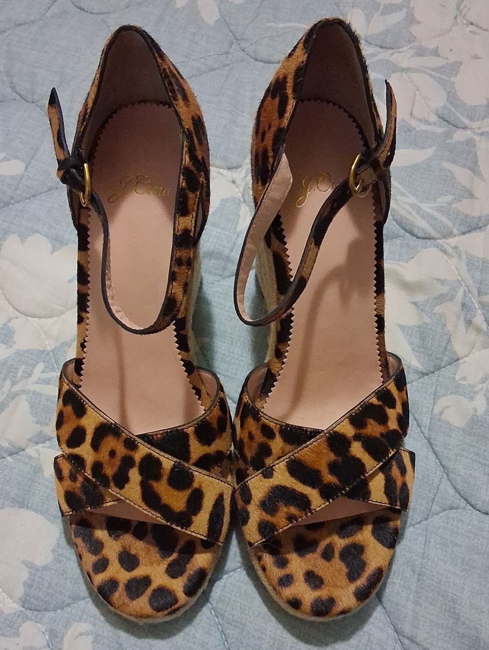 J. Crew Leopard Print Ankle-Strap Wedge Sandals - Brown/Black